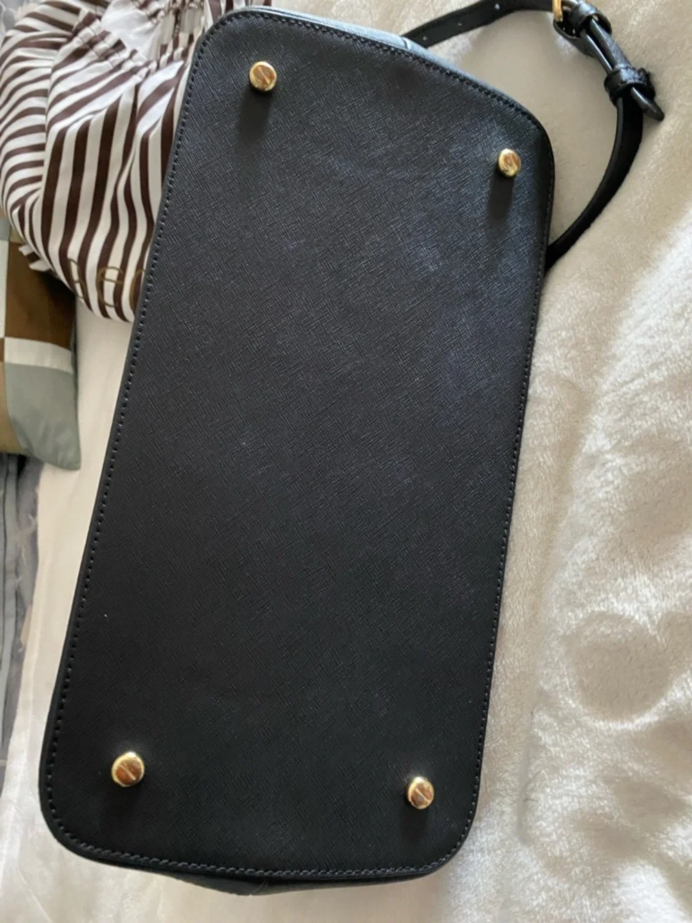 Henri Bendel Black & Cream Striped Satchel with Gold Charm